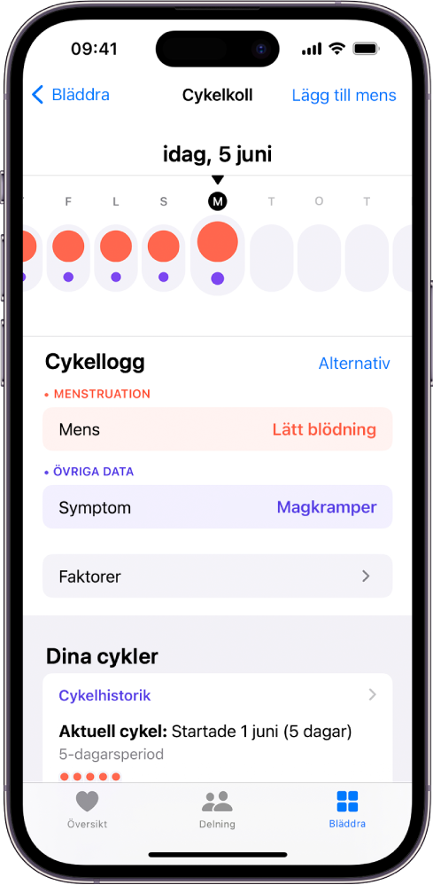 Skärmen Cykelkoll med tidslinjen för en vecka högst upp på skärmen. Fyllda röda cirklar och lila prickar visar de första fem dagarna på tidslinjen. Under tidslinjen finns alternativ för att lägga till information om menscykler, symptom och annat.