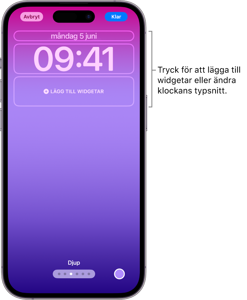 En anpassad låsskärm som redigeras. Element som är tillgängliga för anpassning är markerade – datum, tid och en knapp för att lägga till widgetar.