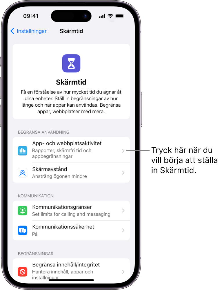 Skärmen för inställning av Skärmtid som visar knappen App- och webbplatsaktivitet.