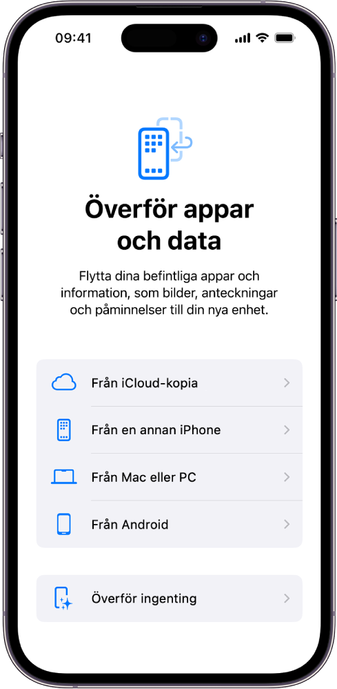 Inställningsskärmen med alternativ för att överföra appar och data från en iCloud-säkerhetskopia, en annan iPhone, en Mac, en PC eller en Android-enhet eller att inte överföra något.