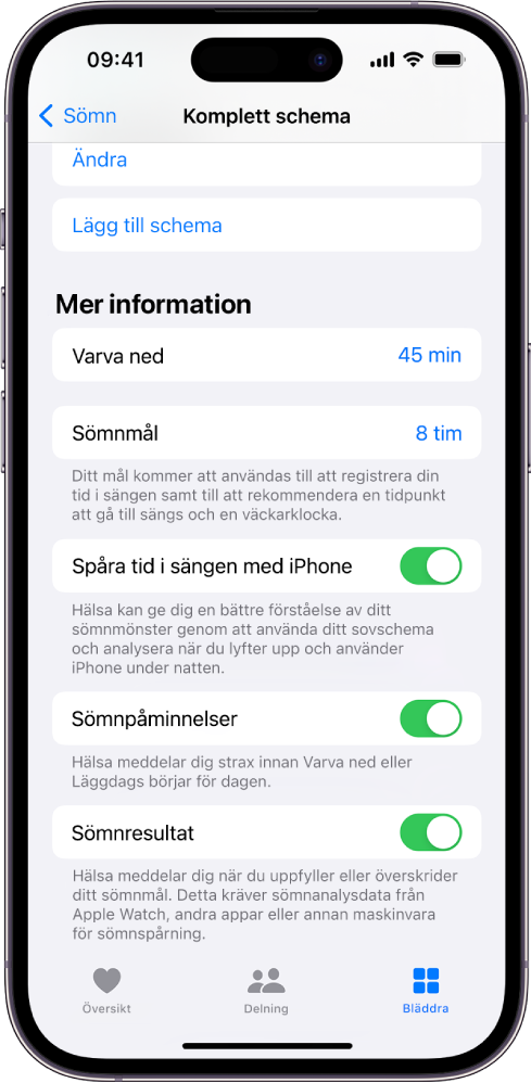 Delen Ytterligare information på skärmen Komplett schema.