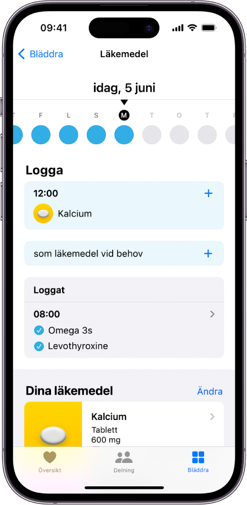 Skärmen Läkemedel i Hälsa med datumet och en logg för läkemedel.