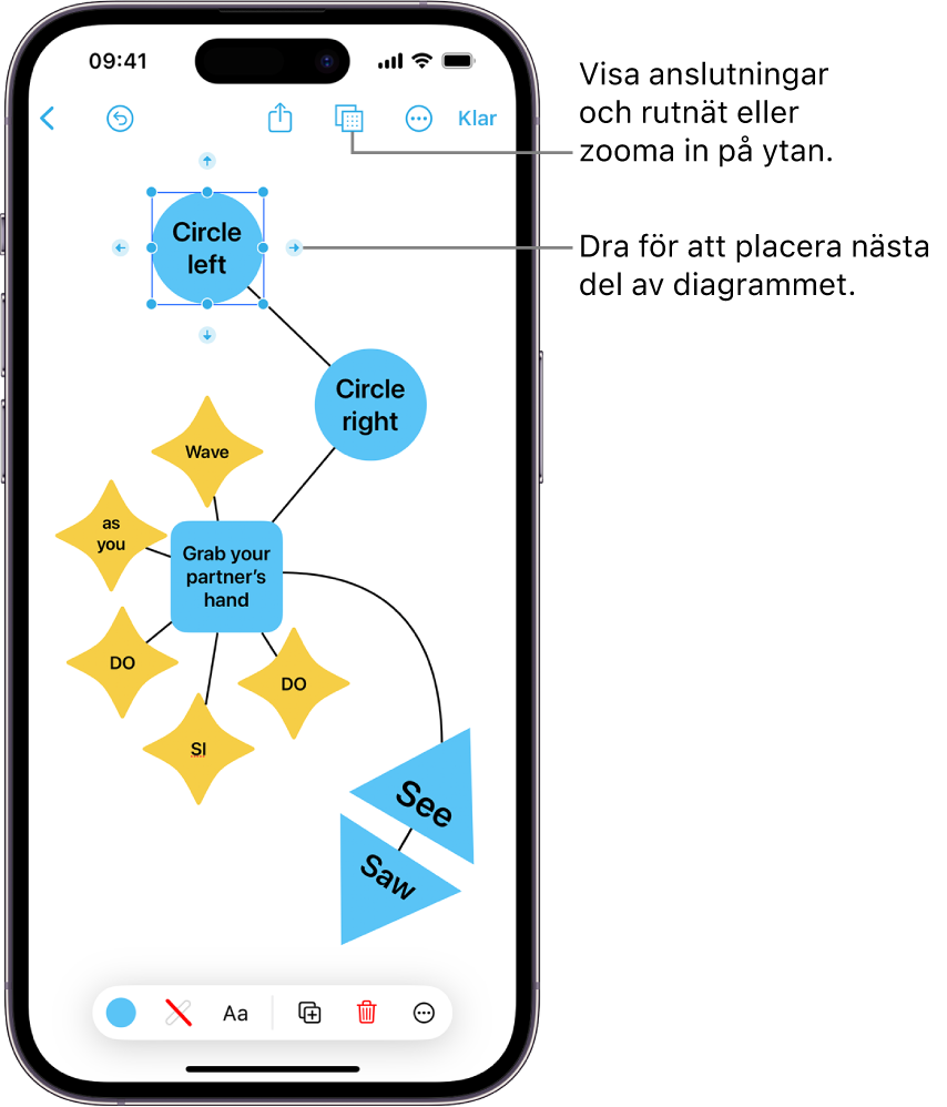 Ett diagram på en Freeform-tavla med anslutningar med en markerad form och formformateringsverktygen synliga längst ned på skärmen.