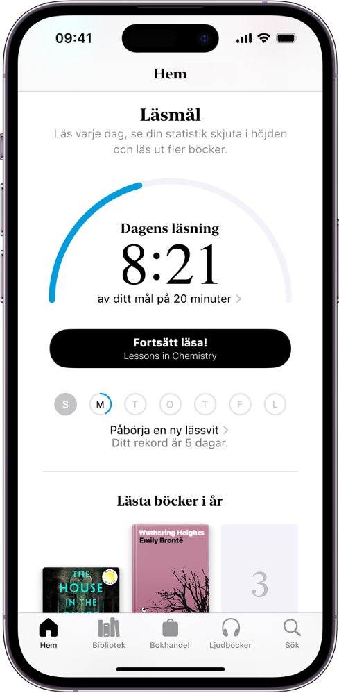 Skärmen Läsmål med statistik för användaren, bland annat dagens läsning, veckans läsrekord och de böcker användaren har läst i år. Nederst finns flikarna Hem (som är markerad), Bibliotek, Bokhandel, Ljudböcker och Sök.