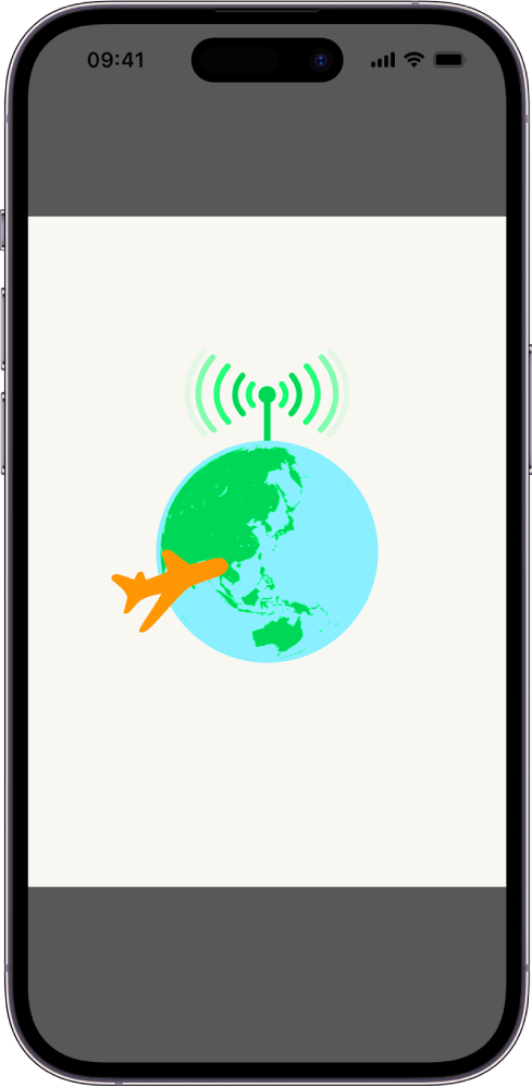 En iPhone-skärm med en illustration av jordklotet. Överst på globen finns en radiosignal och ett flygplan flyger runt klotet.