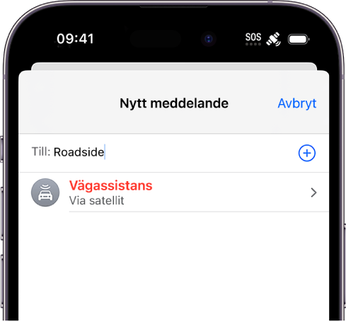 Ett nytt meddelande adresserat till ”vägassistans”. Nedanför finns en länk till Vägassistans via satellit.