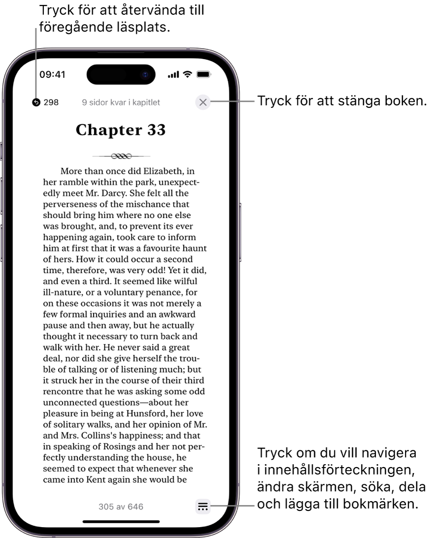 En sida i en bok i appen Böcker. Högst upp på skärmen finns knapparna för att återgå till den sida där du började läsa och för att stänga boken. Längst ned till höger på skärmen finns menyknappen.