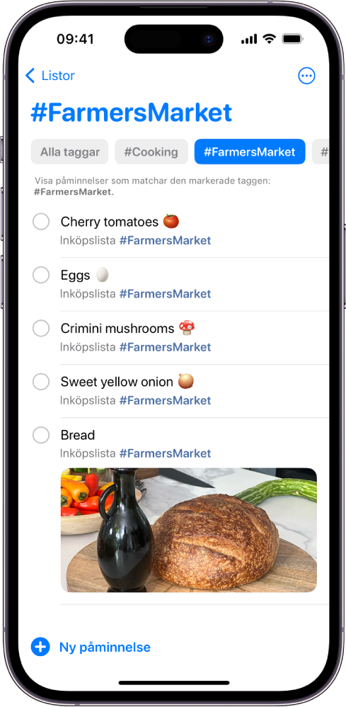 En lista med varor med taggen Bondensmarknad. Knappar längs överkanten visar ytterligare taggar som du kan använda.