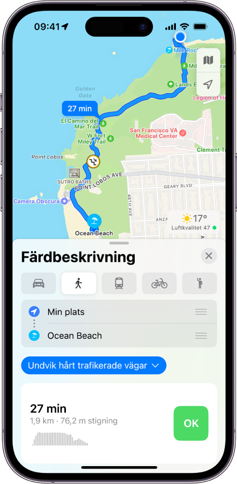En karta med en promenadrutt. Ruttkortet längst ned visar detaljer för rutten, inklusive beräknad restid och höjdändringar. En OK-knapp visas till höger om detaljerna.