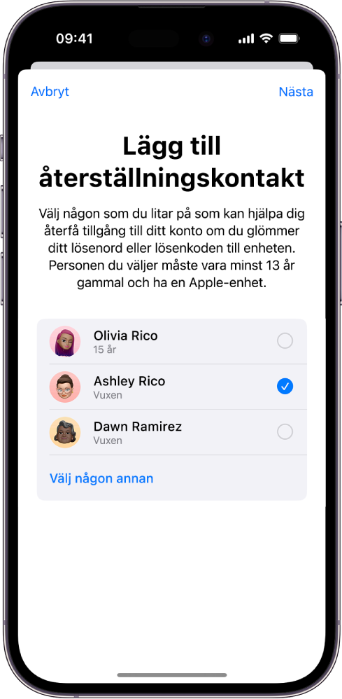 Skärmen Lägg till återställningskontakt med föreslagna kontakter att välja som återställningskontakt samt alternativet att välja någon annan.