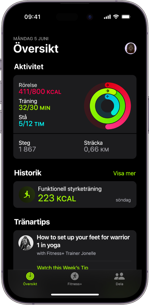 Skärmen Översikt i Fitness som visar aktivitets-, historik- och tränartipsområdena.