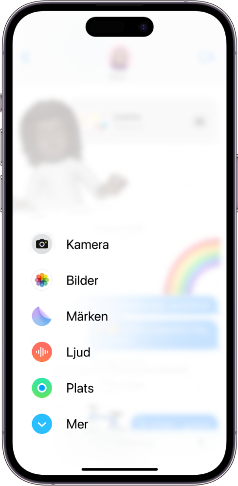 När knappen Appar har tryckts på i en konversation i Meddelanden visas en lista över funktioner som kan läggas till i meddelandet.