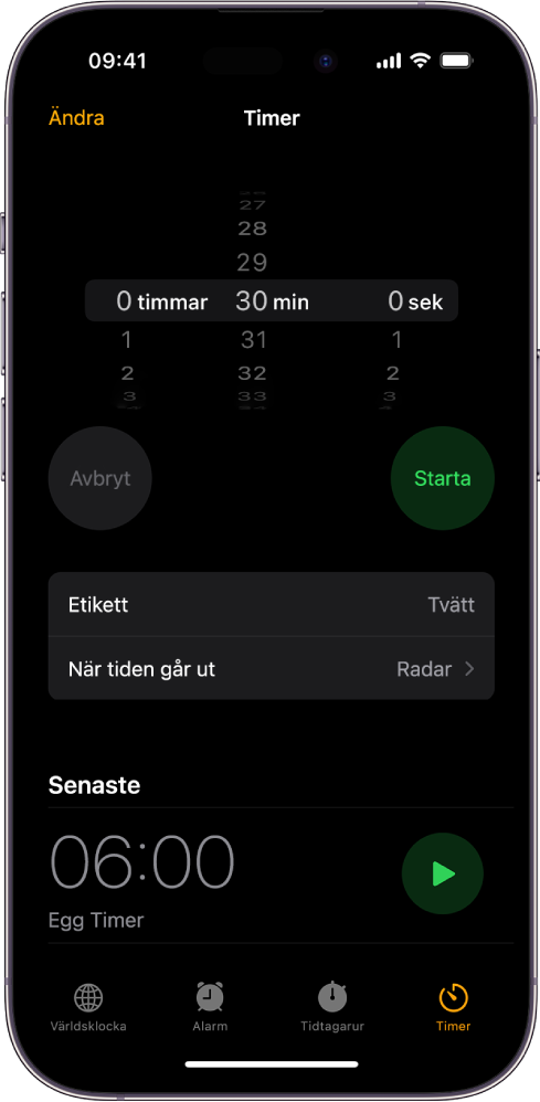 En skärm till att lägga till en timer med inställningar för att ställa in en timer och en knapp till att starta en nyligen skapad timer.