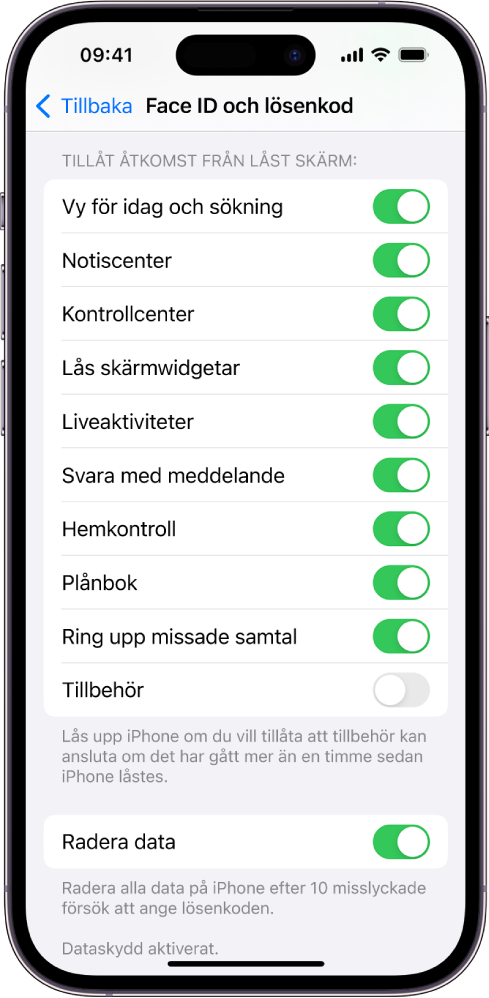 Skärmen Face ID och lösenkod med inställningar för att ge åtkomst till specifika funktioner när iPhone är låst.