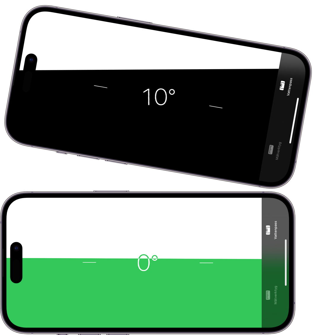 Vattenpasskärmen i appen Mätverktyg. Högst upp lutar iPhone 10 grader och längst ned är iPhone rät.