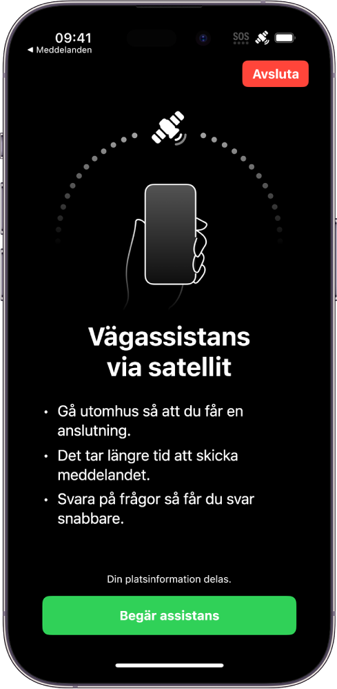 Skärmen Vägassistans via satellit. Knappen Begär assistans finns längst ned på skärmen.