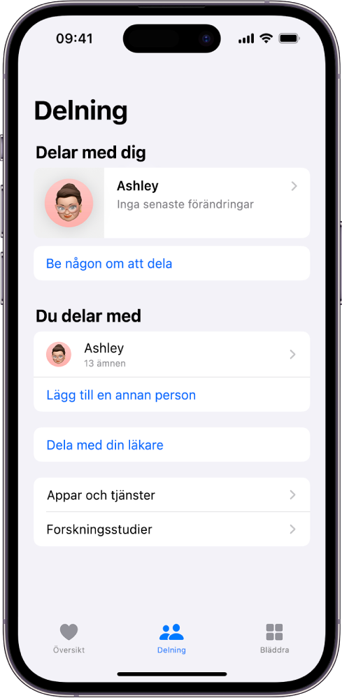 Skärmen Delning i appen Hälsa.