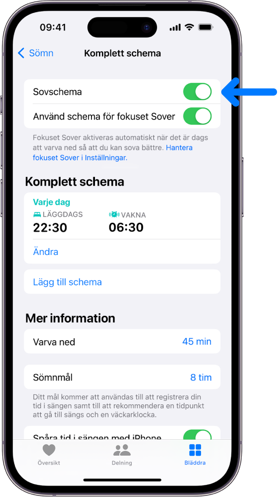 Sömnskärmen Komplett schema i Hälsa med Sovschema aktiverat högst upp.