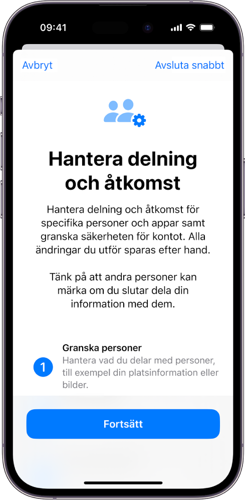 Skärmen Hantera delning och åtkomst med information om funktionen. Knappen Fortsätt är längst ned.