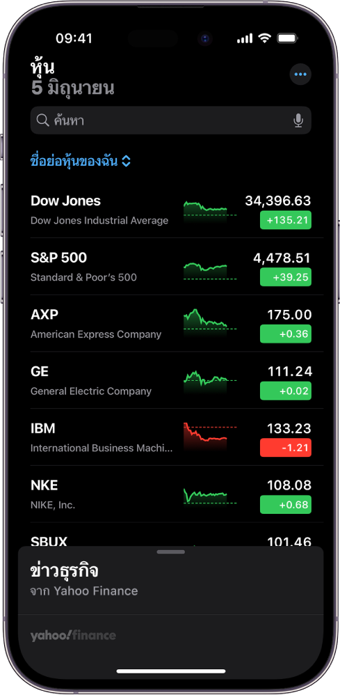 รายการหุ้นในแอปหุ้นที่แสดงรายการของหุ้นต่างๆ เรียงจากซ้ายไปขวา หุ้นแต่ละรายการในรายการแสดงชื่อย่อหุ้นและชื่อหุ้น กราฟแสดงผลตอบแทนของหุ้น ราคาหุ้น และการเปลี่ยนแปลงราคา ที่ด้านบนสุดของหน้าจอ เหนือชื่อรายการหุ้นชื่อย่อหุ้นของฉันคือช่องค้นหา ที่ด้านล่างสุดของหน้าจอคือข่าวธุรกิจ ปัดขึ้นบนข่าวธุรกิจเพื่อแสดงเรื่องต่างๆ