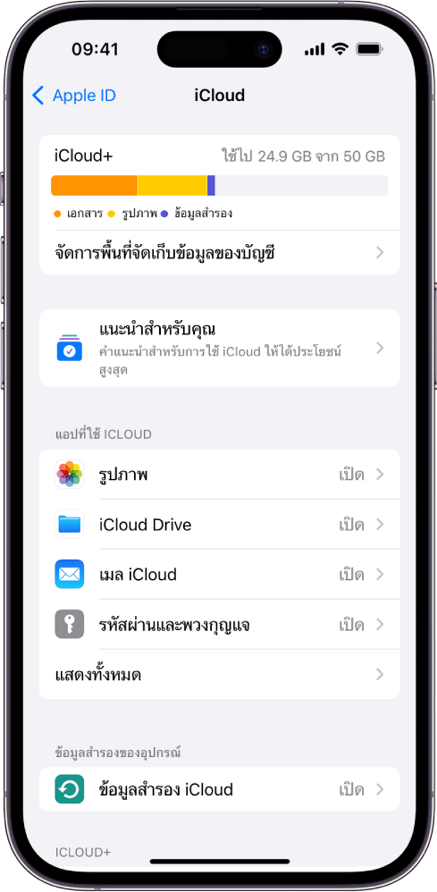 หน้าจอการตั้งค่า iCloud ที่แสดงมิเตอร์พื้นที่จัดเก็บข้อมูล iCloud และรายการแอปและคุณสมบัติ ซึ่งได้แก่ รูปภาพ, iCloud Drive และเมล iCloud ที่สามารถใช้กับ iCloud ได้