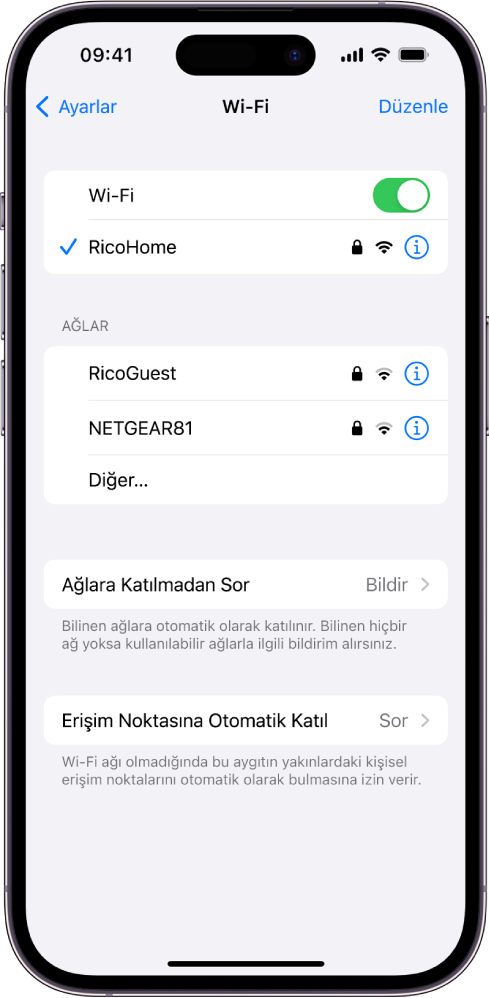 Ayarlar’daki Wi-Fi seçenekleri ekranı. Wi-Fi açık ve bir ağ seçili.