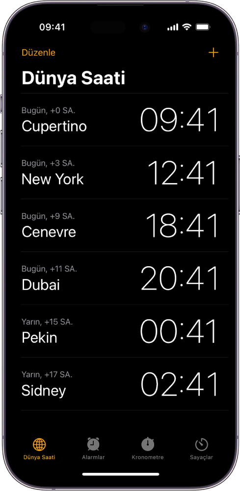 Dünya Saati sekmesi, farklı şehirlerdeki saati gösterir. Sol üst köşedeki Düzenle düğmesi saatlerin sırasını değiştirmenizi veya onları silmenizi sağlar. Sağ üst köşedeki Ekle düğmesi daha fazla saat eklemenizi sağlar. Dünya Saati, Alarm, Kronometre ve Sayaçlar alt kısımdadır.