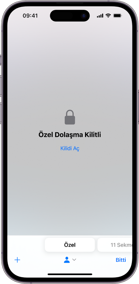Safari, Özel Dolaşma ile açılmış. Ekranın ortasında Özel Dolaşma Kilitli sözcükleri var. Onun altında Kilidi Aç düğmesi var.
