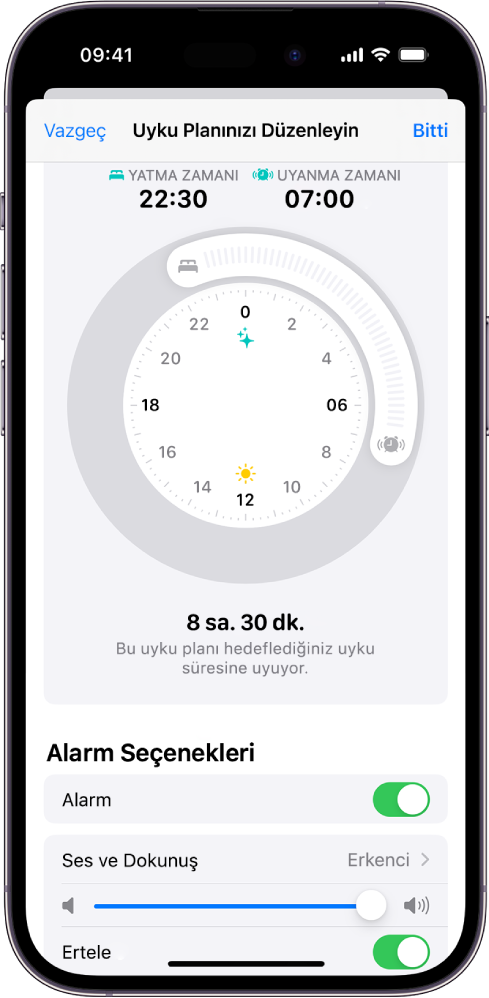 Sağlık’ta Planınızı Düzenleyin ekranı, ekranın en üstünde Yatma Zamanı ve Uyanma Zamanı saati, ekranın en altında ise alarm seçenekleri.