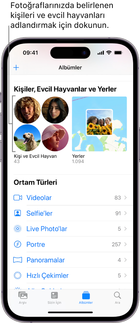 Fotoğraflar uygulamasında Albümler ekranı. Ekranın en üstünde Kişi ve Evcil Hayvan var.