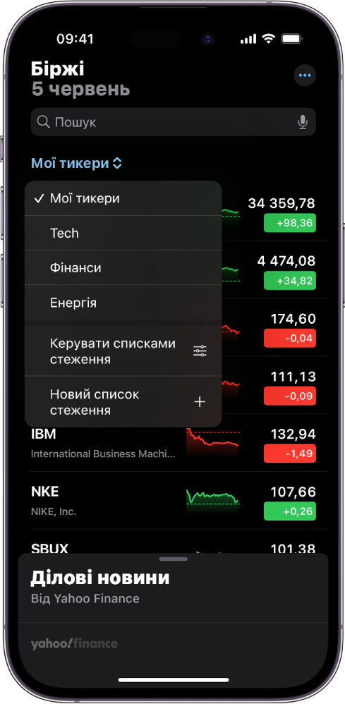 Список стеження в програмі «Біржі» зі списком різних акцій. Для кожної акції в списку зліва направо відображаються біржовий тикер та назва, графік змінення характеристик, ціна акції та зміна в ціні. У верхній частині екрана відображається список стеження «Мої тикери». Доступні такі списки стеження та опції: «Технології», «Фінанси», «Енергетика», «Керувати списками стеження» та «Новий список стеження».