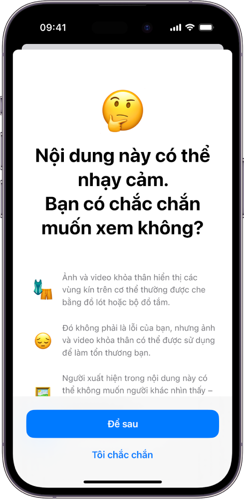 Màn hình Cảnh báo nội dung nhạy cảm, đang cảnh báo về nội dung khỏa thân có thể có trong một hình ảnh. Ở cuối màn hình là các nút sau đây: Để sau và Tôi chắc chắn.