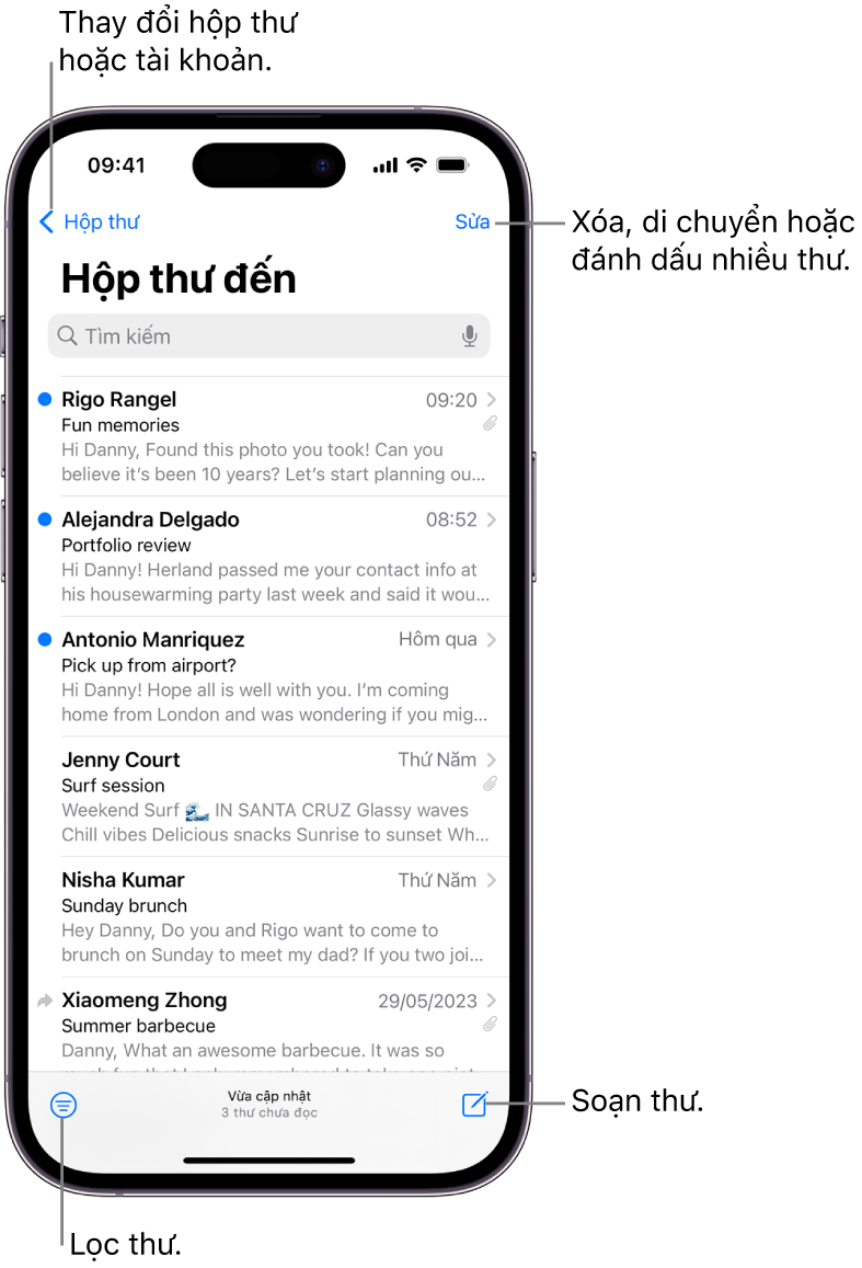 Hộp thư cho tới của Mail, đang được hiển thị một list những tin nhắn.