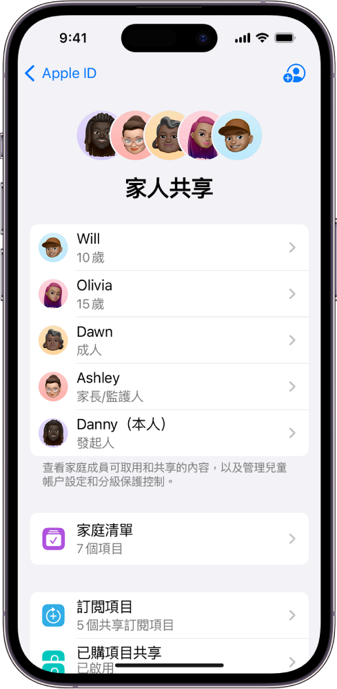 「設定」中的「家人共享」畫面。列出五位家庭成員。他們的姓名下方為「家庭清單」，下面是「訂閲項目」和「已購項目共享」選項。