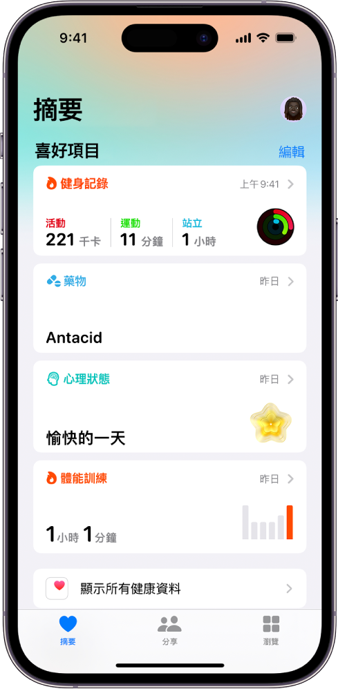 「健康」中的「摘要」畫面。「喜好項目」下方是健身記錄、藥物、心理狀態和體能訓練的相關資料。