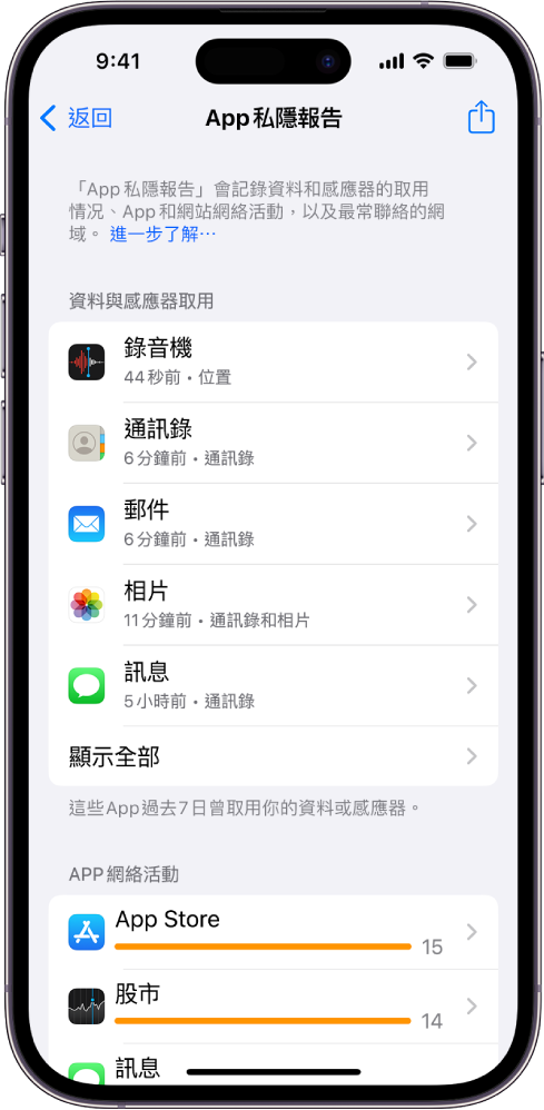 「App 私隱報吿」列出「資料和感應器取用」類別的五個 App 的相關資料，以及「App 網絡活動」類別的三個 App 的相關資料。