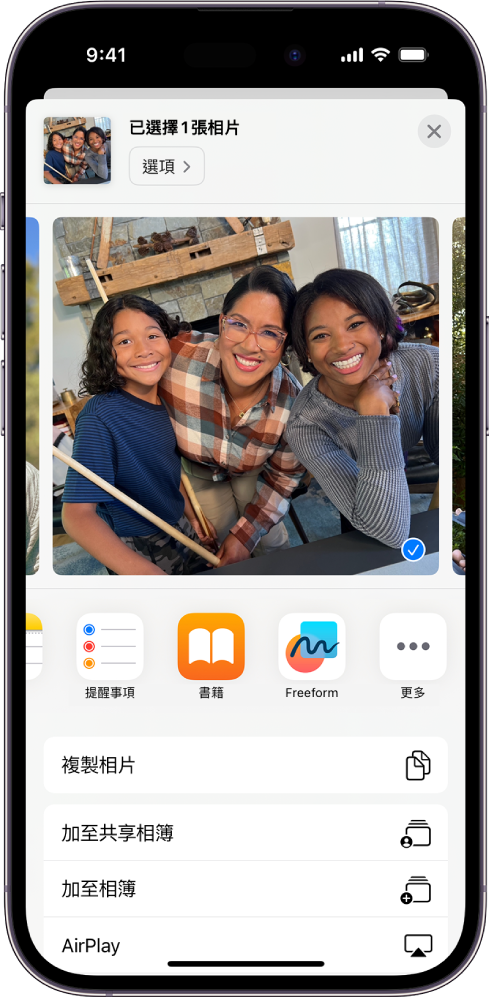 共享相片的畫面，開啟的相片下方為共享選項，包括用於編輯共享選項的「更多」按鈕。