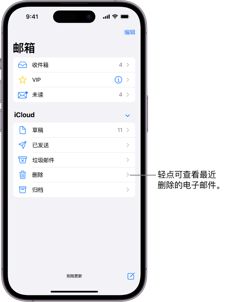 邮箱屏幕。在 iCloud 下方从上到下列出了各个邮箱，包括废纸篓邮箱。轻点它以查看最近删除的电子邮件。