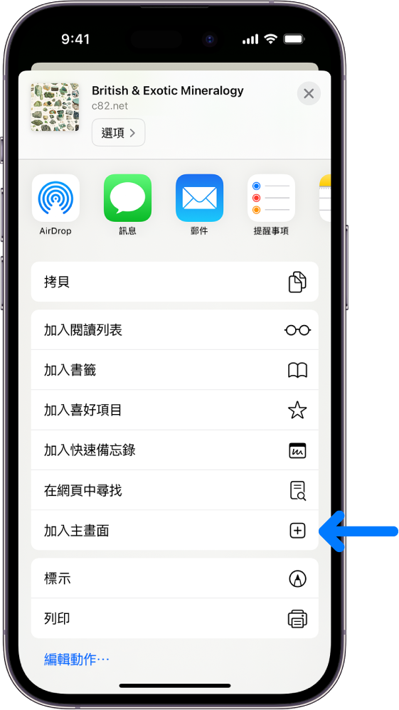 在 Safari 中，已點一下網站上的「分享」按鈕並出現選項列表，包含「加入主畫面」選項。