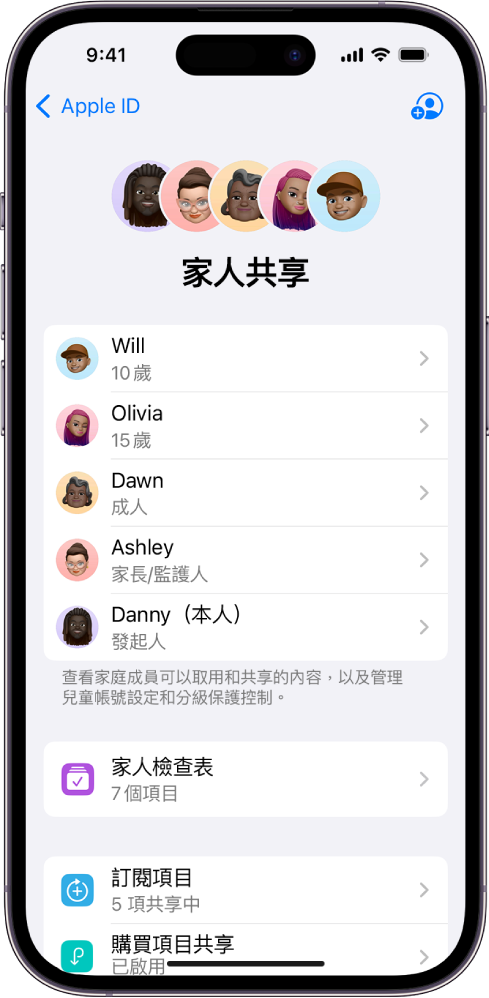 「設定」中的「家人共享」畫面。列出五位家庭成員。名稱下方為「家庭檢查表」，再下方為「訂閱項目」和「購買項目共享」選項。