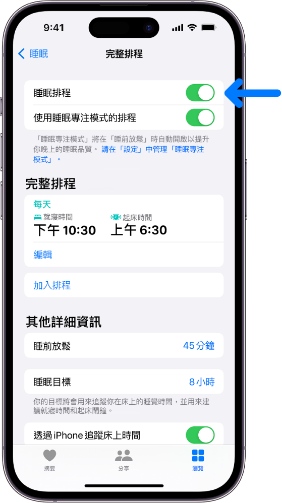 「健康」中的「完整排程」睡眠畫面，「睡眠排程」在最上方開啟。