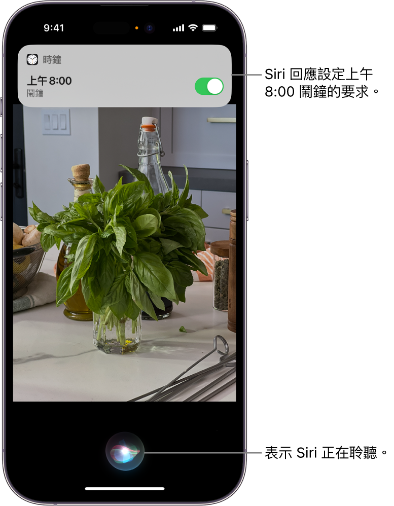 iPhone 螢幕。靠近螢幕最上方，「時鐘」App 的通知顯示已開啟上午 8 點的鬧鐘。螢幕底部的圖像指出 Siri 正在聆聽指令。