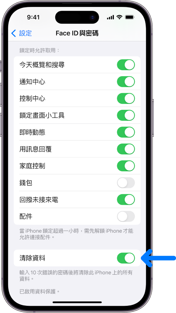 「清除資料」控制項目，位於「設定」中「Face ID 與密碼」畫面的底部。