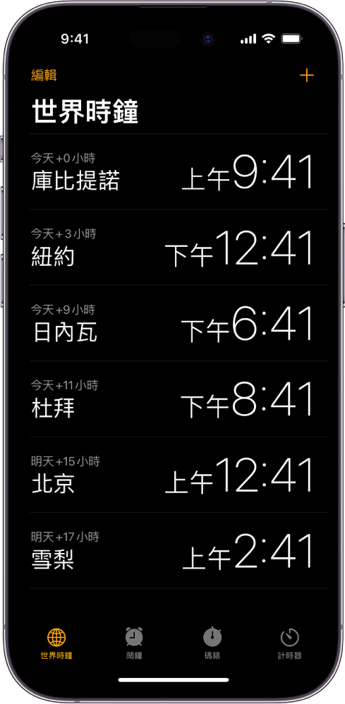 「世界時鐘」標籤頁，顯示各個城市的時間。靠近左上角的「編輯」按鈕可讓你重新排序或刪除時鐘。靠近右上角的「加入」按鈕可讓你加入更多時鐘。「世界時鐘」、「鬧鐘」、「碼錶」和「計時器」按鈕排列在底部。