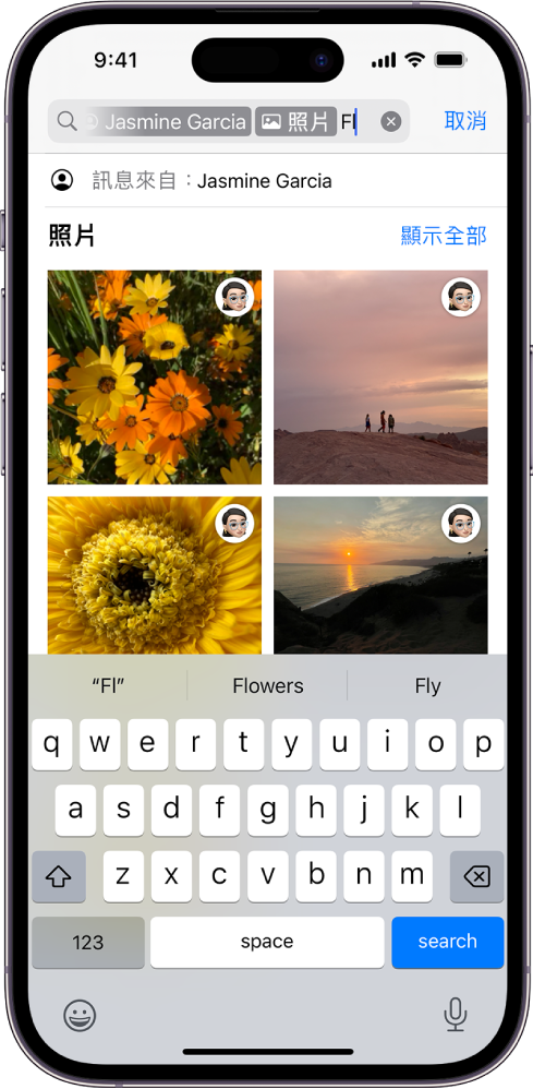 「訊息」App 中的搜尋欄位。搜尋欄位包含一個標籤，限制只搜尋由特定人員傳送的照片。