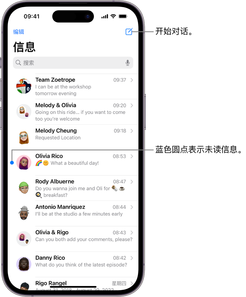 “信息”对话列表，右上方是“编写”按钮。信息左侧的蓝色圆点表示未读。
