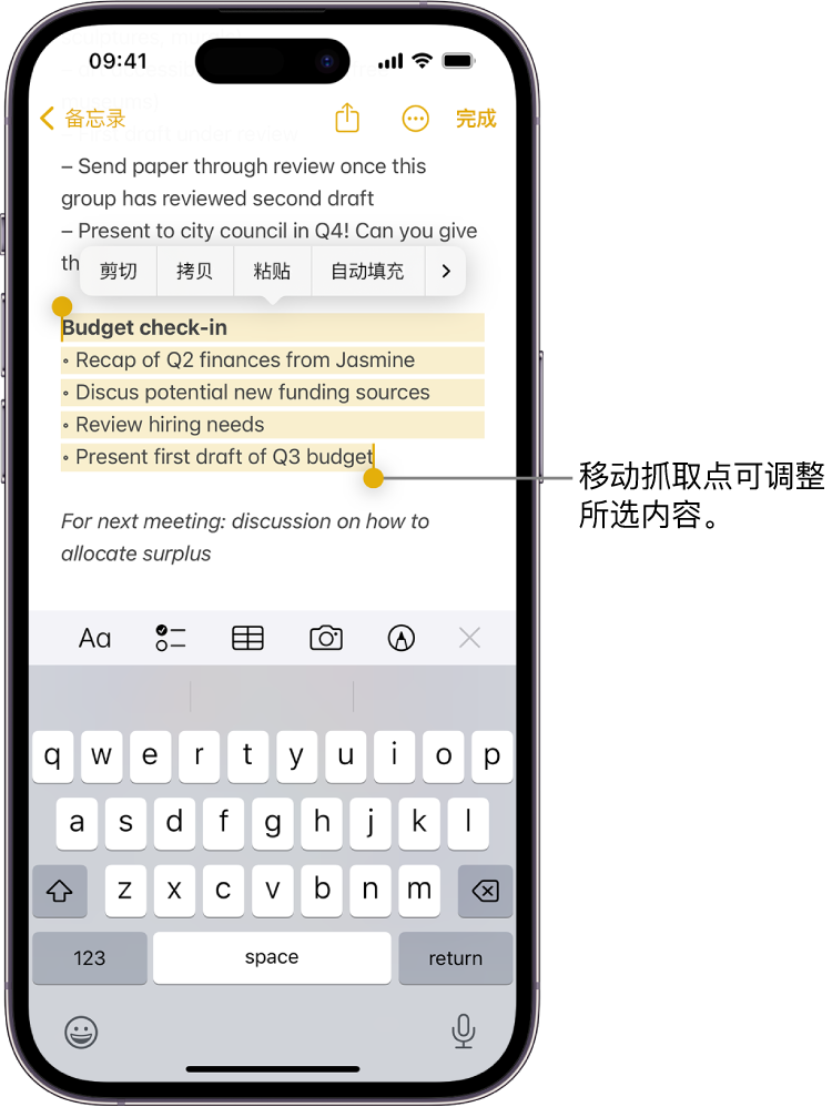 “备忘录” App 的备忘录中选中了文本。所选文本上方是“剪切”、“拷贝”、“粘贴”和“自动填充”按钮。所选文本高亮标记，并带有用于从任一端调整所选内容的抓取点。