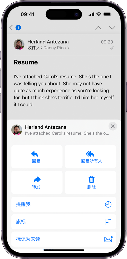 电子邮件显示回复选项。屏幕中间从左到右依次为“回复”、“回复所有人”、“转发”和“删除”。
