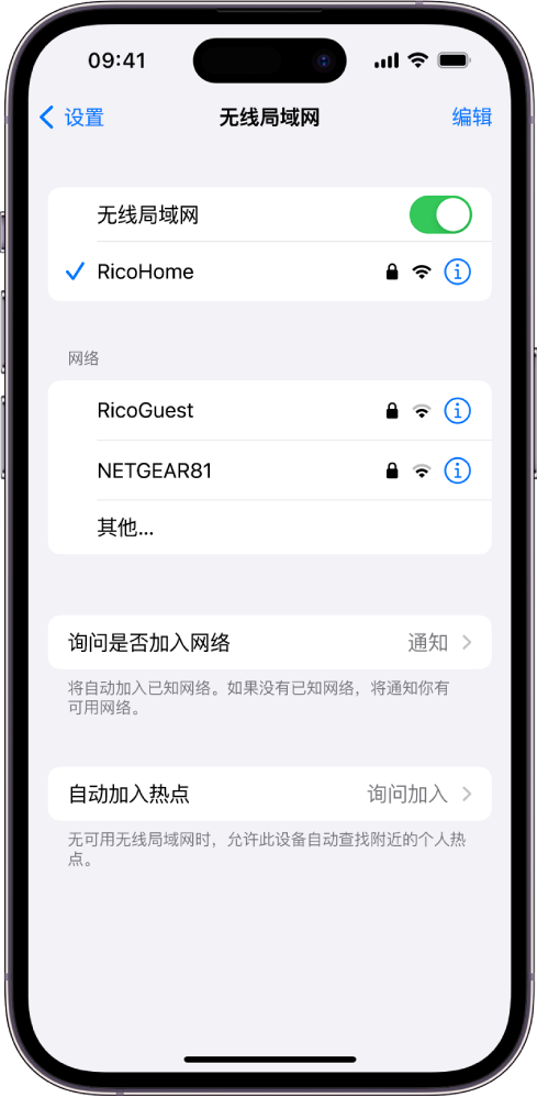 “设置”中的“无线局域网”选项屏幕。“无线局域网”已打开,某个网络被选中。