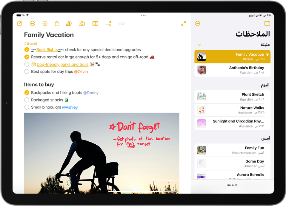 iPad في الاتجاه الأفقي مع فتح تطبيق الملاحظات. الشريط الجانبي يعرض قائمة بالملاحظات بها أزرار في الجزء العلوي لإخفاء الشريط الجانبي وإدارة المجلد. الملاحظة المحددة في الشريط الجانبي مفتوحة على اليسار وتعرض قائمة المهام لإجازة عائلية. فوق الملاحظة، تظهر أزرار لعرض الملاحظة في الشاشة الكاملة، وتنسيق النص، وإضافة قائمة اختيار، وإضافة جدول، وإضافة صورة، ومشاركة الملاحظة، وإظهار أدوات الخط اليدوي، وإدارة الملاحظة، وإنشاء ملاحظة جديدة.